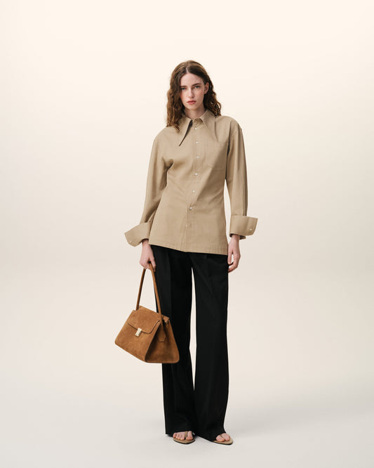 Beige Cotton Sharp Collar Fitted Shirt