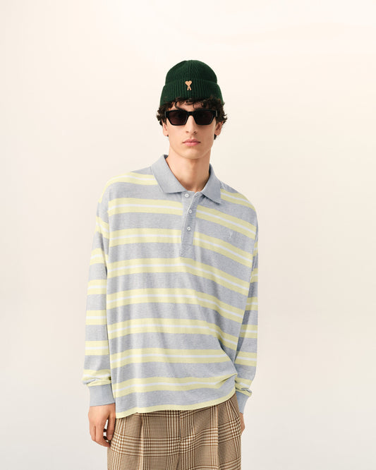 Grey And Yellow Strapped Cotton Polo
