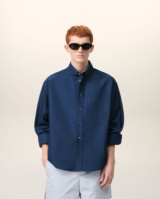 Blue Cotton Boxy Embroidered Ami De Coeur Shirt