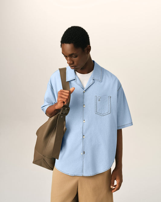 Blue boxy cotton short-sleeve shirt with Ami de Coeur