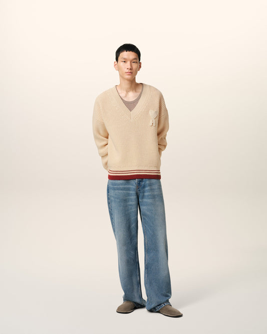 Beige Wool Ribbed V Neck Sweater