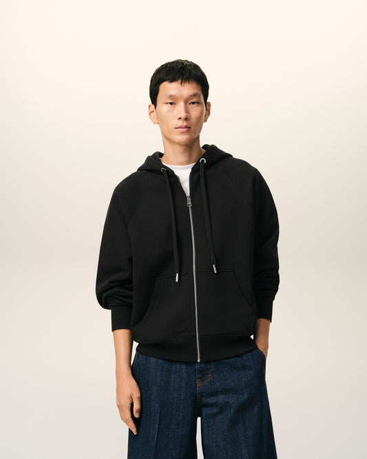 Black Cotton Embossed Ami De Coeur Zipped Hoodie
