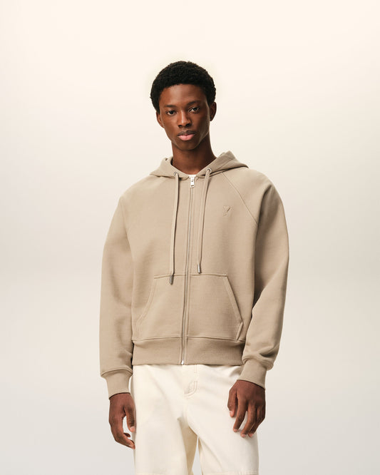 Beige Cotton Embossed Ami De Coeur Zipped Hoodie